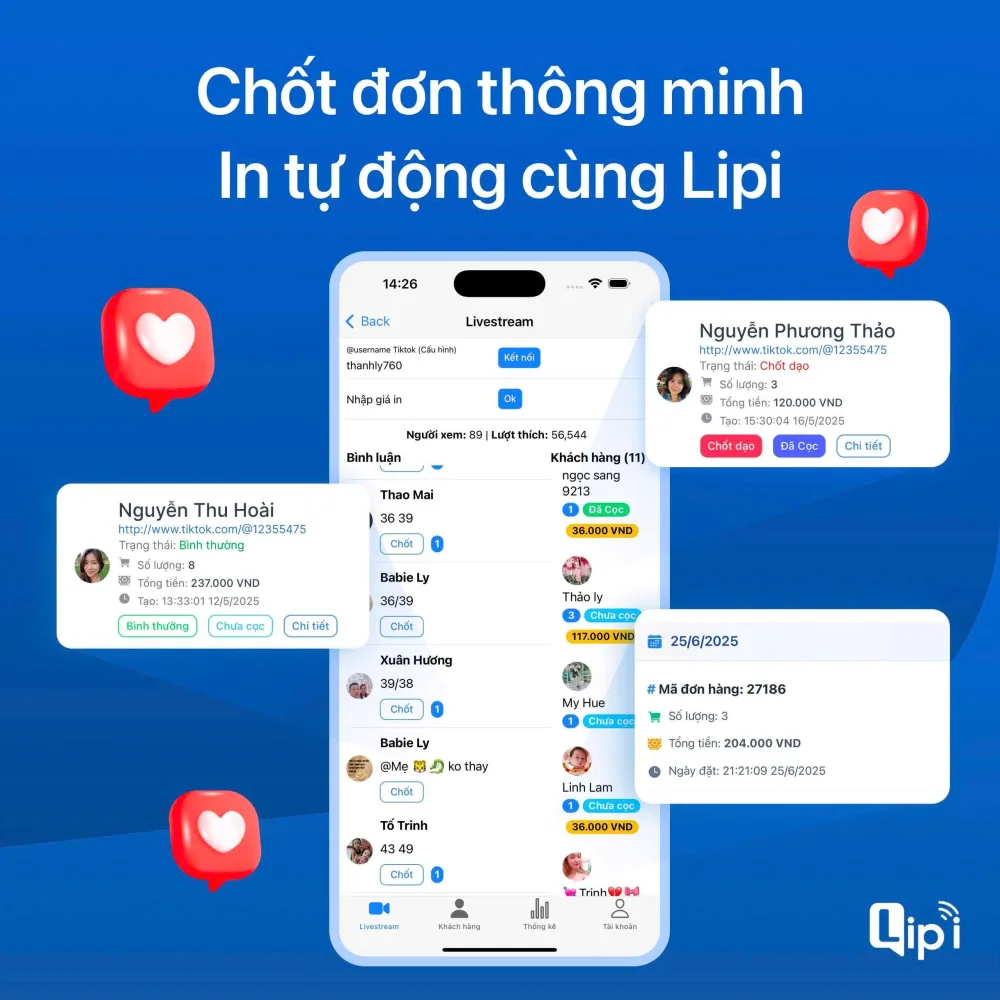 Màn hình app Lipi tự động lấy comment từ livestream TikTok theo thời gian thực