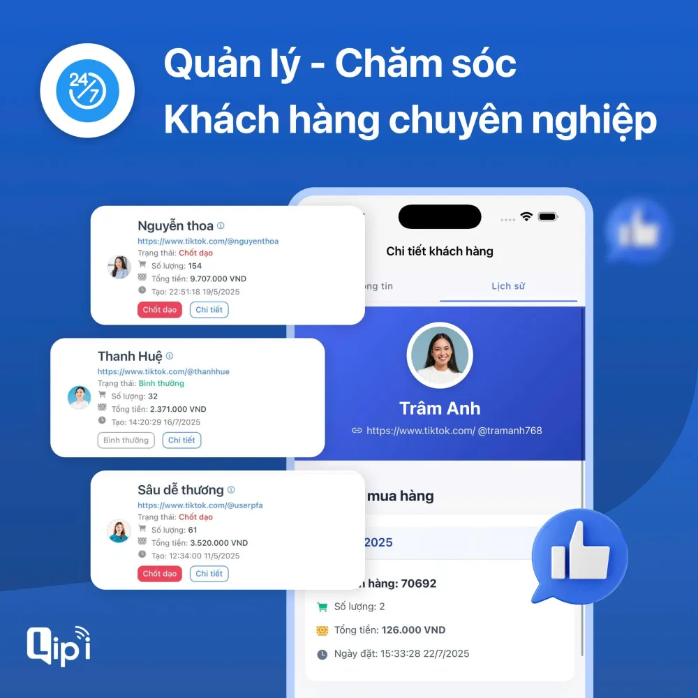 Màn hình app Lipi quản lý thông tin và lịch sử mua hàng của khách livestream