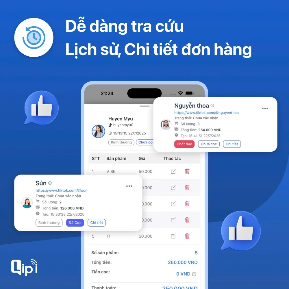 Màn hình app Lipi tra cứu và in lại lịch sử đơn hàng livestream